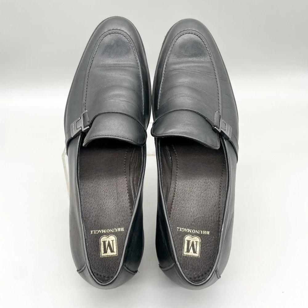 Bruno Magli Mens 12 Pablo Buckle Loafers Black Leather Apron Toe Shoes Preppy